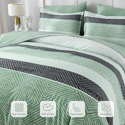 Drucon Sage Green Comforter Set Queen Size 7 Piece Bed in a Bag Boho Striped Bedding Set Soft Microfiber Comforter and Sheet Set for All Season (Queen, 90"x90")