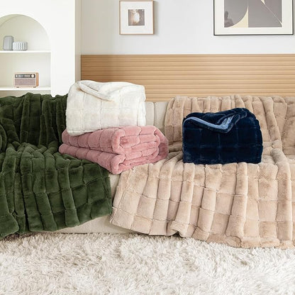 Touchat Faux Fur Throw Blanket, Luxury 1000GSM Ultra Thick Warm Rabbit Blanket for Couch Bed Sofa, 3D Checkered Pattern Soft Winter Heavy Minky Fluffy Blankets for Women Christmas Birthday Gift, Blue