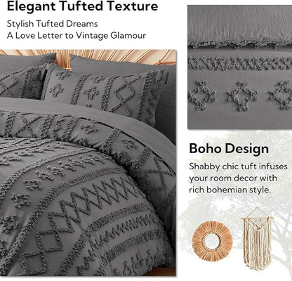 MR&HM Full Size Bed Sheets and Comforter Set Dark Grey, 7 Pieces Tufted Boho Beddding Sets, Farmhouse Style Bed in a Bag with 1 Comforter, 2 Pillow Shams, 2 Pillowcases, 1 Flat Sheet, 1 Fitted Sheet