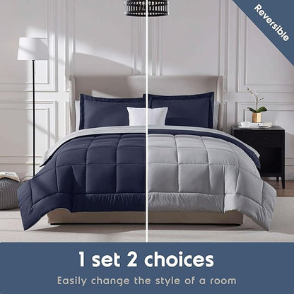 Nestl 7 Piece Full Comforter Set – Navy Reversible Bed in a Bag – Complete Full Size Bedding Set with Sheets, Pillowcases and Shams