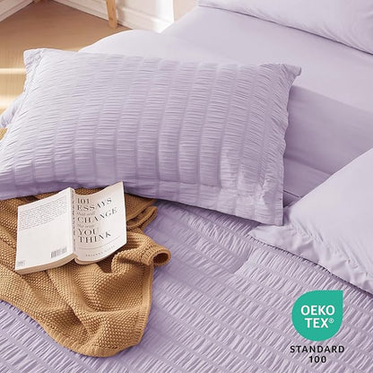 MUXHOMO 5 Pieces Twin Comforter Set, Seersucker Bed in a Bag Twin Size, All Season Luxury Bedding Set with Comforter, Flat Sheet, Fitted Sheet, Pillowcase & Sham, Lavender