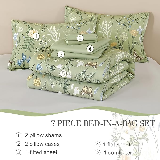 Yiran Sage Green Floral Comforter Set King Size, 7 Piece Botanical Comforter Bedding Set, Farmhouse Bed in a Bag, Soft Microfiber Complete Bedding Set with Sheets for All Season