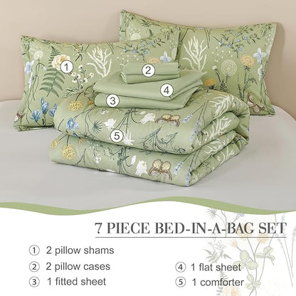 Yiran Sage Green Floral Comforter Set King Size, 7 Piece Botanical Comforter Bedding Set, Farmhouse Bed in a Bag, Soft Microfiber Complete Bedding Set with Sheets for All Season