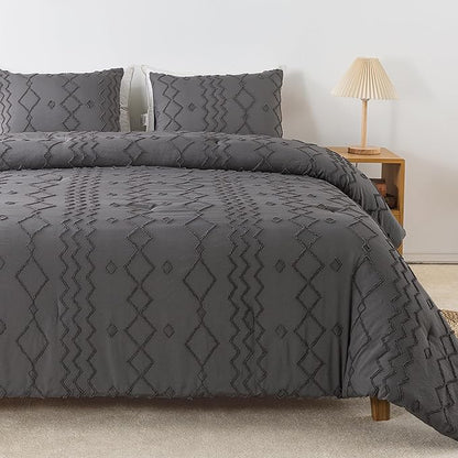 Andency Dark Gray Tufted Comforter Set King(104x90Inch), 3 Pieces(1 Tufts Comforter, 2 Pillowcases) Boho Textured Farmhouse Bed Set, Microfiber Down Alternative Geometric Bedding