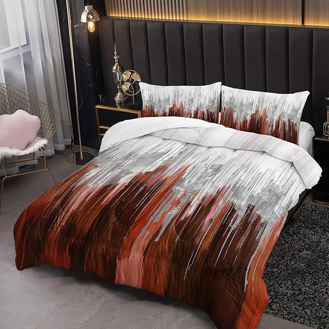 Burnt Orange White Gradient Print Comforter Set Twin Size,Abstract Art Bedding Set,Patchwork Printed Quilted Set for Teens Adult,with 1 Comforter and 2 Pillow Case