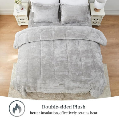 YIYEA Fluffy Queen Size Comforter Set, Luxury Faux Fur Comforter, Ultra Soft Plush Fuzzy Velvet Bedding Comforter Sets for Fall Winter, Cozy Warmth, No Shedding, 3PC, Queen, Light Grey