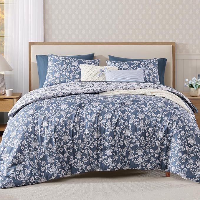 Twin XL Comforter Set -5 Pieces Floral Oxford Blue Bedding Set for All Seasons, Bed in a Bag with Botanical Flowers Comforter, Sheets, Pillowcase & Sham