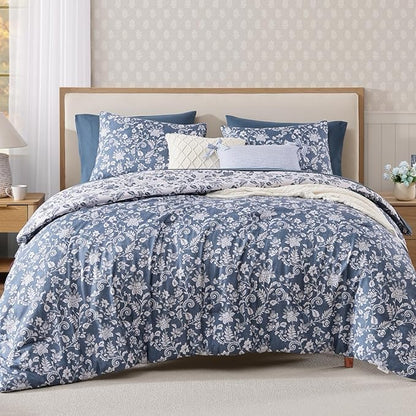 King Comforter Set -7 Pieces Floral Oxford Blue Comforter Set for All Seasons, Bed in a Bag King with Botanical Flowers Comforter, Sheets, Pillowcases & Shams