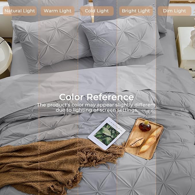 Sasttie Twin XL Comforter Set, 5-Piece Bed in a Bag, Pintuck Bedding Sets for All Season, Includes Comforter, Flat Sheet, Fitted Sheet, Pillowcase and Pillowsham, Light Grey