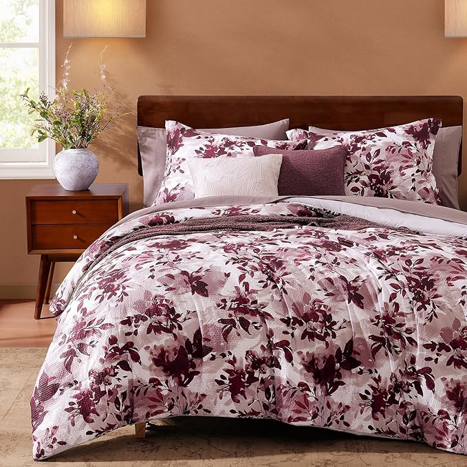 CASAAGUSTO King Comforter Set, 7 PCS Purple Willow Leaf Floral Comforter Set with Flowers Leaves Pattern, Soft Seersucker Design All Season King Size Bedding Set(102"X90")