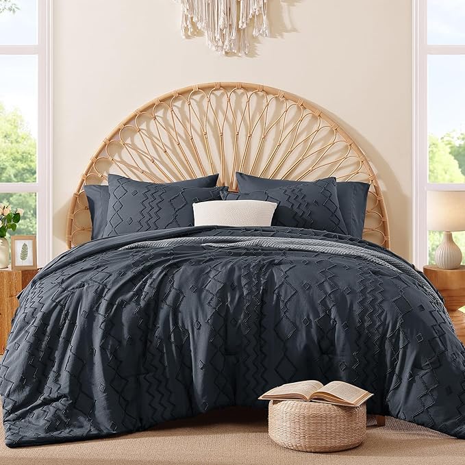 King Size Comforter Set Navy Blue, Tufted Boho Bedding Farmhouse Bed Set, All Season 7 Pieces Bed in a Bag with Sheets, Pillowcases & Shams