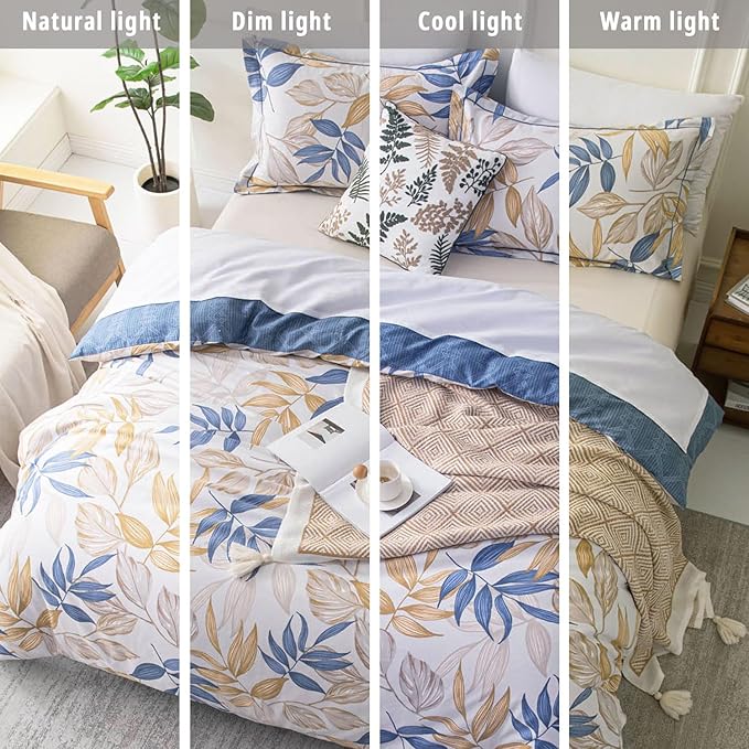 Blue Botanical Cotton Comforter King Size - 3PC Lightweight Bedding Sets with Ultra-Soft Alternative Fill, Reversible Design with Leaf Pattern, Dark Blue & White (1 Comforter, 2 Pillowshams)