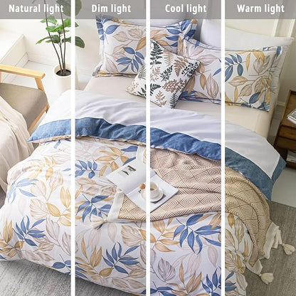 Blue Botanical Cotton Comforter King Size - 3PC Lightweight Bedding Sets with Ultra-Soft Alternative Fill, Reversible Design with Leaf Pattern, Dark Blue & White (1 Comforter, 2 Pillowshams)