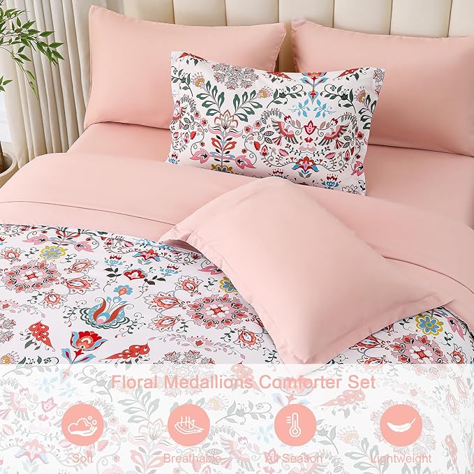 Boho Comforter Set King - 7 Pieces Bed in a Bag Floral Design, Bohemian Comforter Set with Sheets, Soft Microfiber Complete Bedding Sets All Season (Light Pink, King)