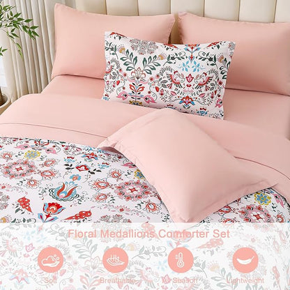 Boho Comforter Set King - 7 Pieces Bed in a Bag Floral Design, Bohemian Comforter Set with Sheets, Soft Microfiber Complete Bedding Sets All Season (Light Pink, King)