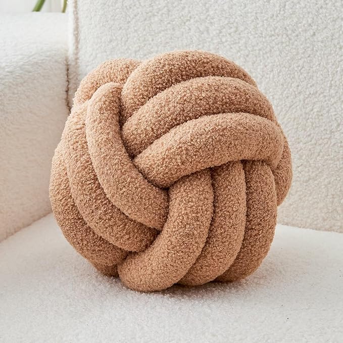 Decorative Throw Knot Pillow Ball for Home Chair Sofa Couch Bed Aesthetic Round Decor Pillows Lambswool Knotted Pillow Cushion (Khaki, 13 inches)