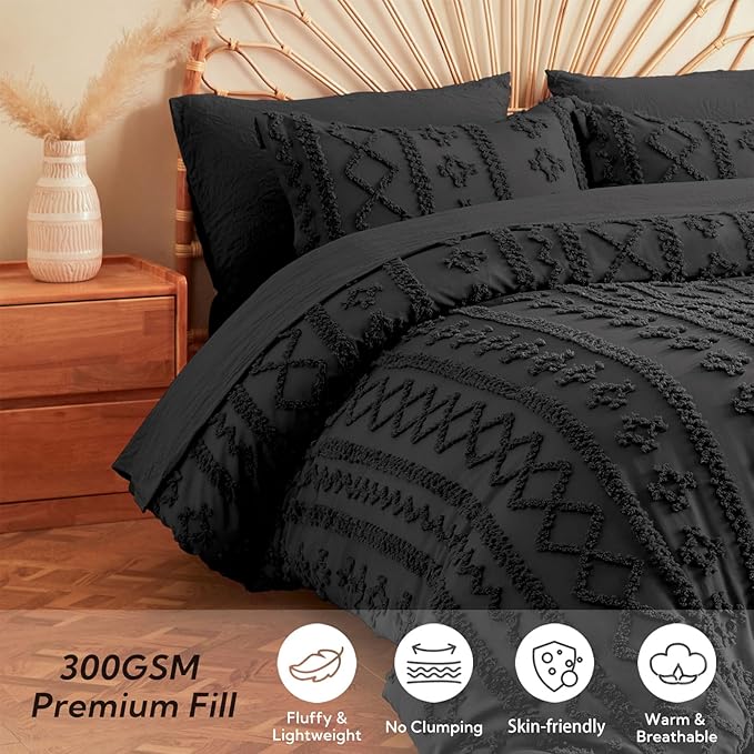 MR&HM Farmhouse Comforter Set King 7 Pieces, Black Tufted Boho Beddding Sets, Bed in a Bag with 1 Comforter, 2 Pillow Shams, 2 Pillowcases, 1 Flat Sheet, 1 Fitted Sheet for All Seasons