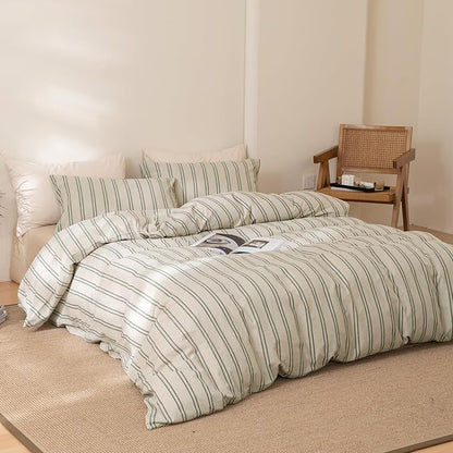 VM VOUGEMARKET Striped Comforter Set Twin XL Vertical Green Stripes Bedding Comforter with 2 Pillowcases Modern Cozy Lightweight Beige Comforter Set for Boys Students