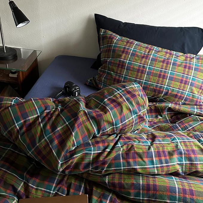 mixinni Vintage Multicolor Gingham Comforter Set King Size - 100% Washed Cotton 3-Piece Retro Plaid Pattern Bedding Set (1 Comforter + 2 Pillowcases), All-Season Lightweight & Breathable