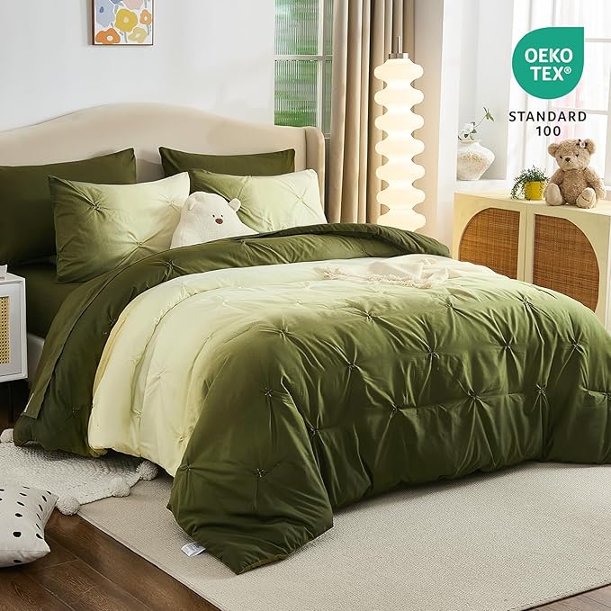 Dinjoy Ombre Comforter Set Twin Size, 5-Piece Bed in a Bag for Kid Teen, Pintuck Colorful Rainbow Bedding Sets with Comforter, Flat Sheet, Fitted Sheet and Pillowcases & Shams, Green