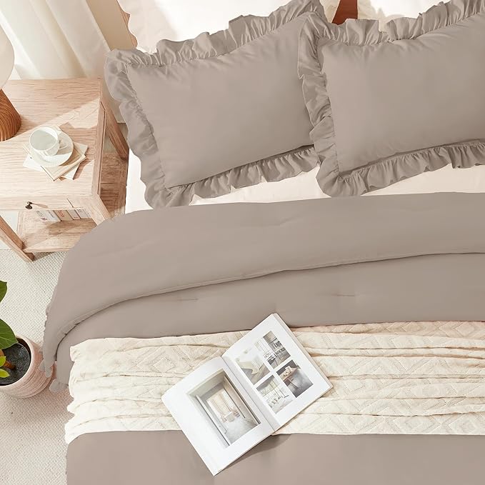 Andency Light Brown Ruffle Comforter Cal King(104x96Inch), 3 Pieces(1 Ruffled Comforter and 2 Pillowcases) Solid Farmhouse Shabby Chic Bed, Vintage Rustic Soft Microfiber Bedding Set