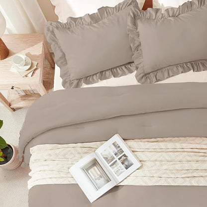 Andency Light Brown Ruffle Comforter Cal King(104x96Inch), 3 Pieces(1 Ruffled Comforter and 2 Pillowcases) Solid Farmhouse Shabby Chic Bed, Vintage Rustic Soft Microfiber Bedding Set