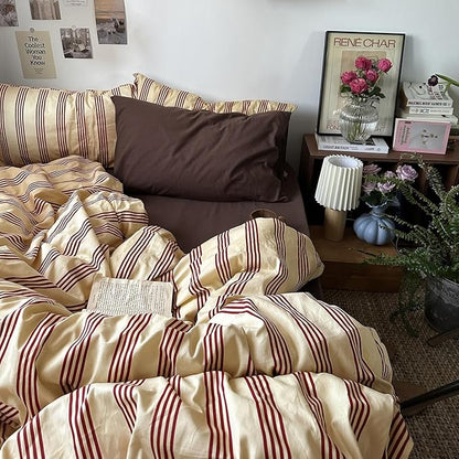mixinni Vintage Striped Comforter Set Full Size - Soft Cotton 3-Piece Boho Bedding Set (1 Comforter+ 2 Pillowcases), Rustic Red-Brown Geometric Stripes, Ultra-Soft & Breathable for All Seasons