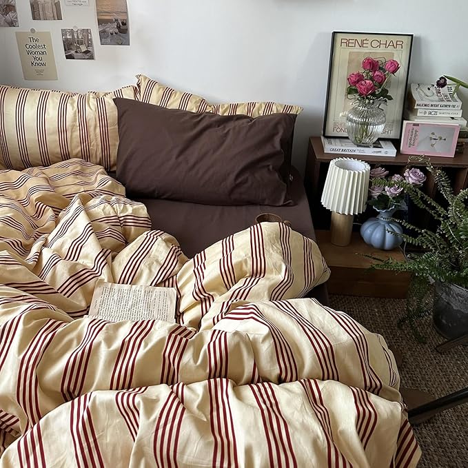 mixinni Vintage Striped Comforter Set King Size - Soft Cotton 3-Piece Boho Bedding Set (1 Comforter+ 2 Pillowcases), Rustic Red-Brown Geometric Stripes, Ultra-Soft & Breathable for All Seasons
