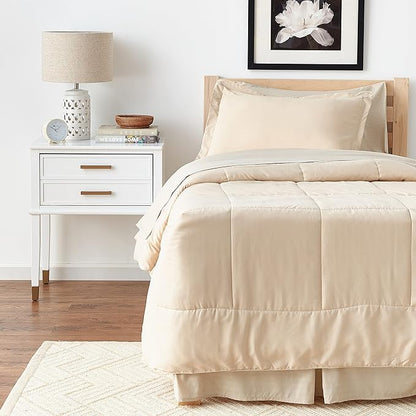 Twin Comforter Set 6 Piece Bed in a Bag with Bed Skirt, Fitted Sheet, Flat Sheet, 1 Pillowcase, and 1 Pillow Sham, Twin, Dobby Beige