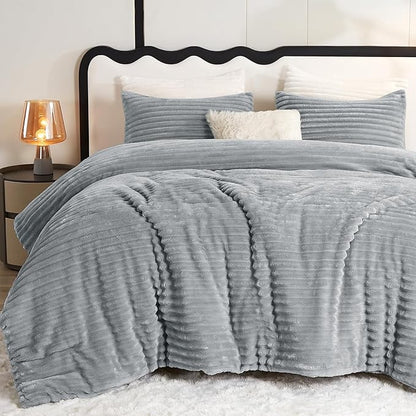 CozyLux Fluffy King Size Comforter Set - Super Soft Faux Fur Grey Comforter King Size, Winter Warm Fleece Bedding Set, 3 Pieces Plush Fuzzy Bed Set (1 Shaggy Comforter, 2 Pillowcases)