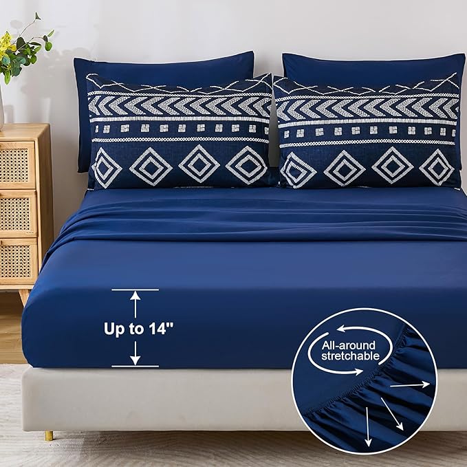 Yiran Navy Blue Comforter Set Queen Size, 7 Piece Boho Striped Bedding Set, Geometric Bed in a Bag Queen, Soft Microfiber Bohemian Complete Bedding Set with Sheets for All Season