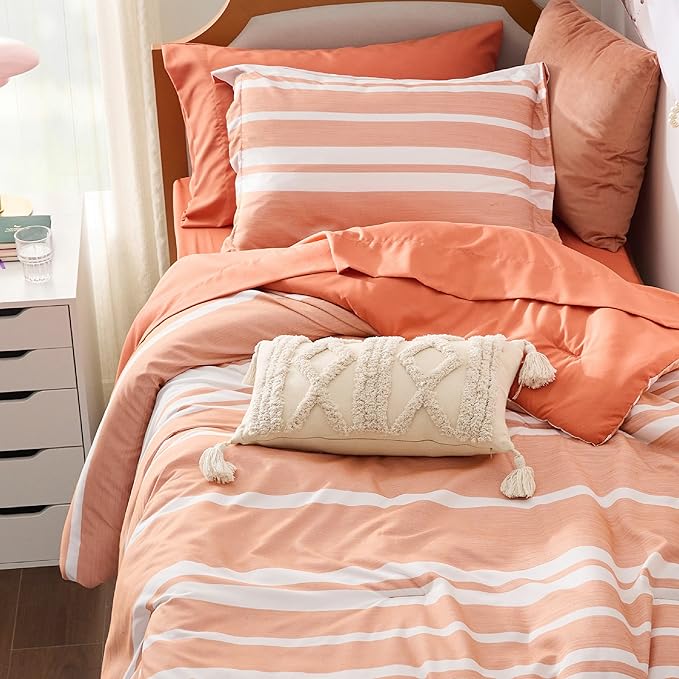 Bedsure Twin XL Comforter Set 5 Pieces, Burnt Orange Striped Bedding Set for All Seasons, Reversible, Cationic Dyeing Bed in a Bag with Comforter, Sheets, Pillowcase & Sham
