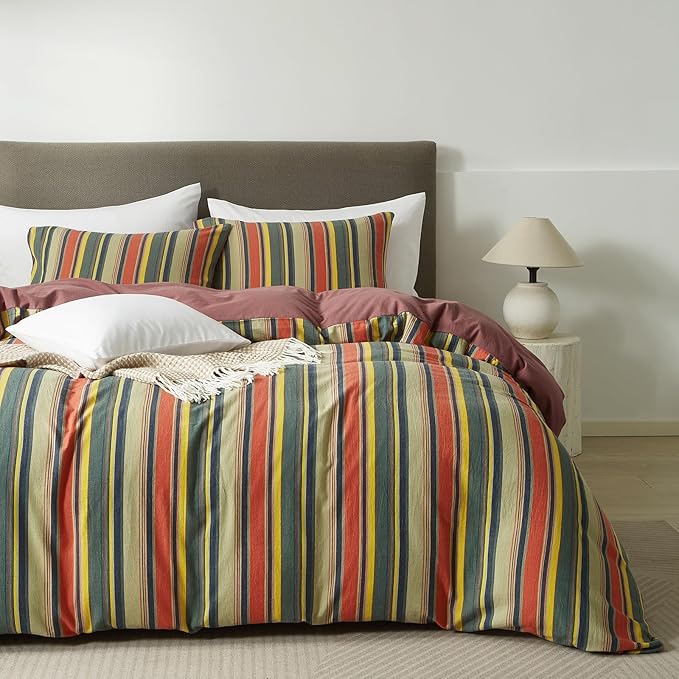 mixinni Full Size Comforter Set 3 Pieces, Vintage Colorful Striped Washed Cotton Reversible Comforter with 2 Pillowcases, All Season Lightweight Bedding for Women & Men, Retro Mid-Century Style