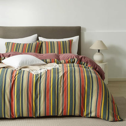mixinni Full Size Comforter Set 3 Pieces, Vintage Colorful Striped Washed Cotton Reversible Comforter with 2 Pillowcases, All Season Lightweight Bedding for Women & Men, Retro Mid-Century Style