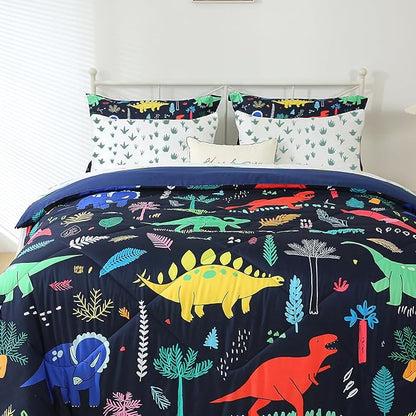 Dinosaur Comforter Set Twin for Kids Boys Teens 7 Piece Bed in a Bag Cartoon Colorful Dino 3D Print Bedding Set with Sheet