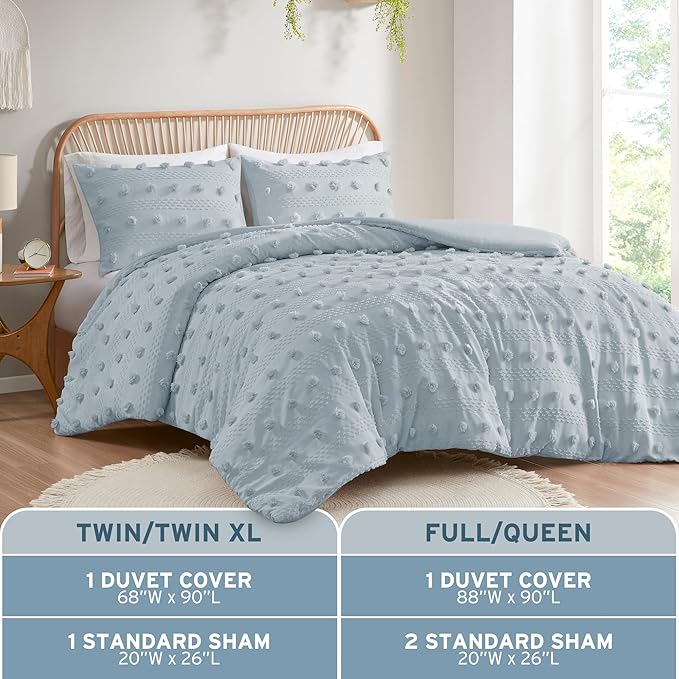 Intelligent Design Queen Duvet Cover Set, Clipped Jacquard Duvet Set Chic Pompom Accent, All Seasons Lightweight Microfiber Bed Cover for Comforter with 2 Shams, Lucy, Full/Queen, Blue 3 Piece