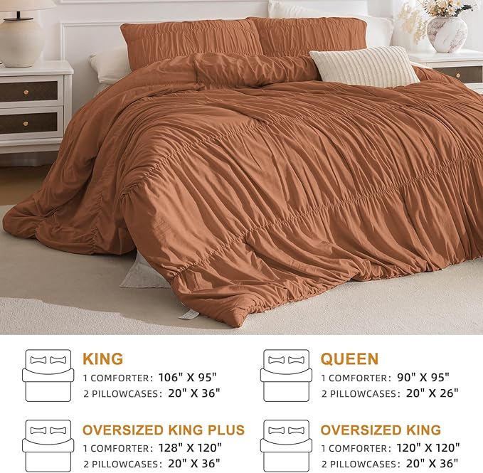 Masaca Pumpkin Oversized King Comforter 128x120,Ruched Ruffle Textured Bedding Comforter Set,3Pcs Ultra Soft Fluffy Shabby Boho Brown Orange Comforter Sets Extra Large