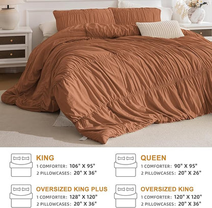Masaca Pumpkin Oversized King Comforter 128x120,Ruched Ruffle Textured Bedding Comforter Set,3Pcs Ultra Soft Fluffy Shabby Boho Brown Orange Comforter Sets Extra Large