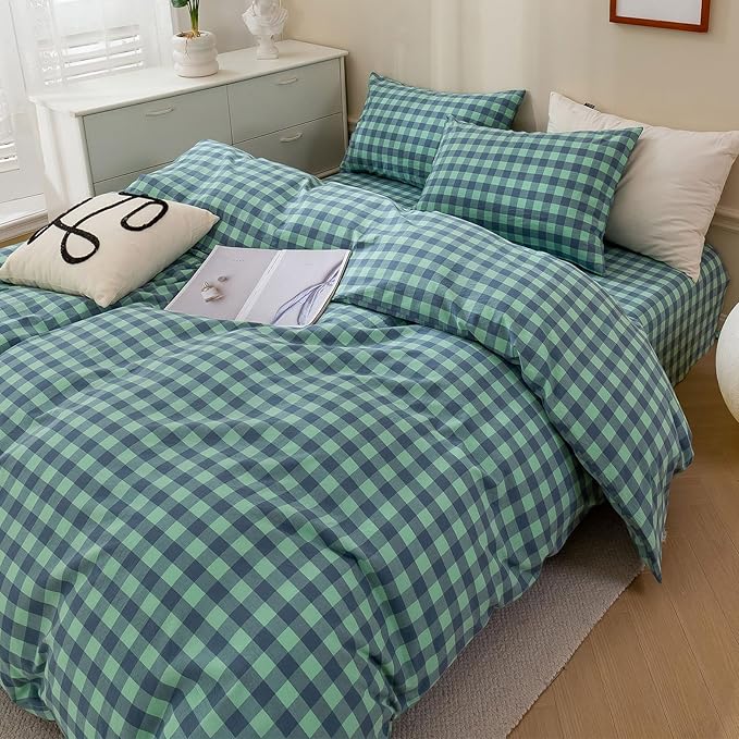 HighBuy Turquoise Gingham Comforter Set Full Vintage Chic Plaid Grid Printed Bedding Comforter with 2 Pillowcases,Fluffy Soft Checkered Comforter Set Plaid Bedding Sets 3 Pieces,Breathable