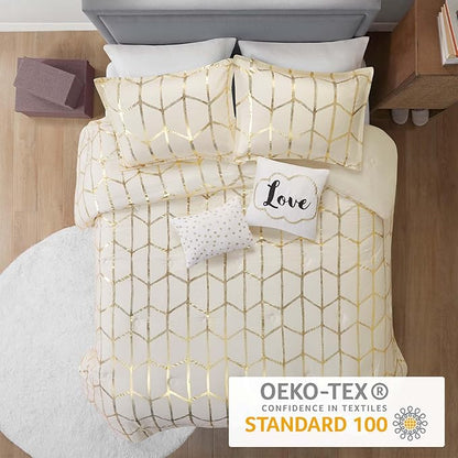 Intelligent Design Raina King/Cal King Comforter Set, Soft Microfiber, Modern Geometric Metallic Bed Set, 5 Pieces College Bedding with 2 Shams, 2 Toss Pillows Ivory/Gold