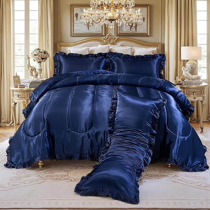 Satin Queen Comforter Silk Like Bedding 4 Pcs Hotel Soft Polyester Navy Blue Bed Set Luxury Silky Body Pillow Cover Ruffle Home Decor