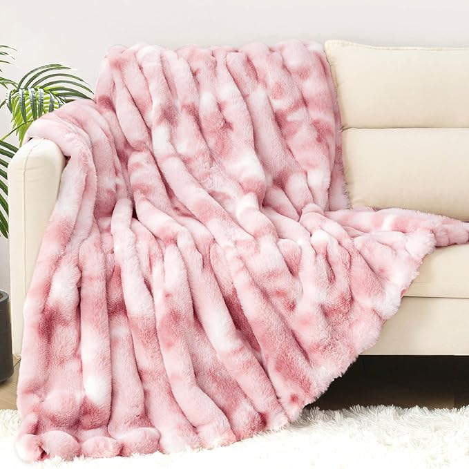 Touchat Luxury Faux Rabbit Fur Twin Blanket for Couch, Super Heavy Warm Cozy Throw for Sofa Bedroom Living Room, Ultra Soft Fluffy Reversible Plush Blankets for Home Decor Gifts, Tie-dye Pink