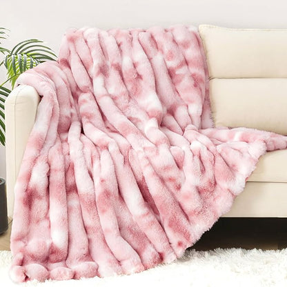 Touchat Luxury Faux Rabbit Fur Twin Blanket for Couch, Super Heavy Warm Cozy Throw for Sofa Bedroom Living Room, Ultra Soft Fluffy Reversible Plush Blankets for Home Decor Gifts, Tie-dye Pink