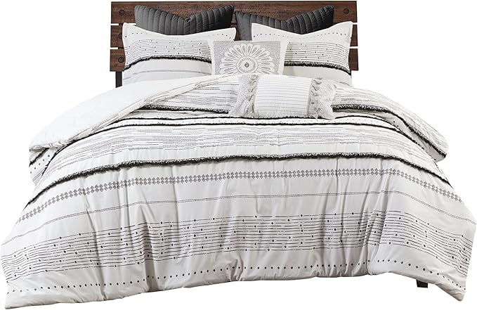 INK+IVY Luxurious Cotton-Bedding Set - Mid Century Trendy Geometric Design, All Season Cozy-Cover With Matching-Shams, King/Cal King, Nea Trims Black/Multi