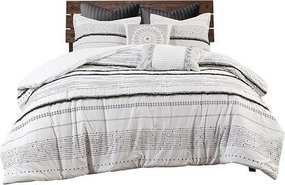 INK+IVY Nea 100% Cotton Duvet Set Mid Century Modern Design, All Season Comforter Cover Bedding Set, Matching Shams, King/Cal King, Stripes Teasel White 3 Piece