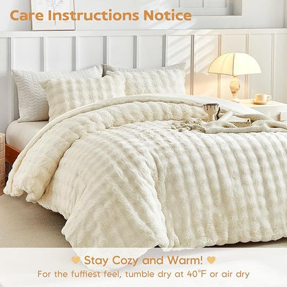 Tokokimo Fluffy Fleece Queen Size Comforter Set, Ultra Soft Reversible Heavyweight Fleece Bedding, Extra Warm Winter Comforter with 2 Pillow Cases, All Season Fuzzy Comforter Set, Beige