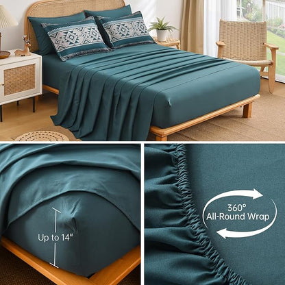 Anibedding Teal Comforter Set Queen 7 Pieces Boho Western Bedding Set for All Season, Aztec Bed in a Bag Queen Soft Microfiber Comforter Set with Sheets, Pillowcases & Shams