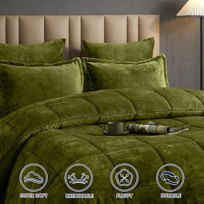 PHF Double-Sided Velvet Comforter Set Queen Size, 5 Piece Soft Luxury Winter Warm Bedding Sets, Modern Bed in A Bag Including 1 Cozy Comforter, 2 Pillow Shams, 2 Euro Shams for Home Decor, Olive Green
