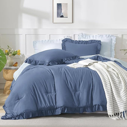 Andency Ocean Blue King Size Comforter Set, 3 Pieces Solid Farmhouse Shabby Chic Bedding Comforters & Sets, All Season Western Rustic Soft Down Alternative Bed Set for Adult Men Women