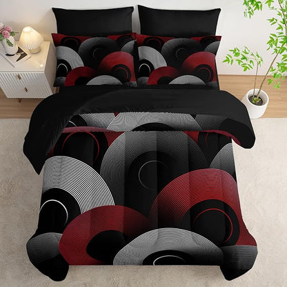 7 Piece Black and Red Queen Comforter Set Geometric Pattern，Geometric Bedding Set Boys，Geometric Bedroom Decor，(1 Comforter, 1 Flat Sheet, 1 Fitted Sheet, 2 Pillowcase and 2 Pillow Sham)